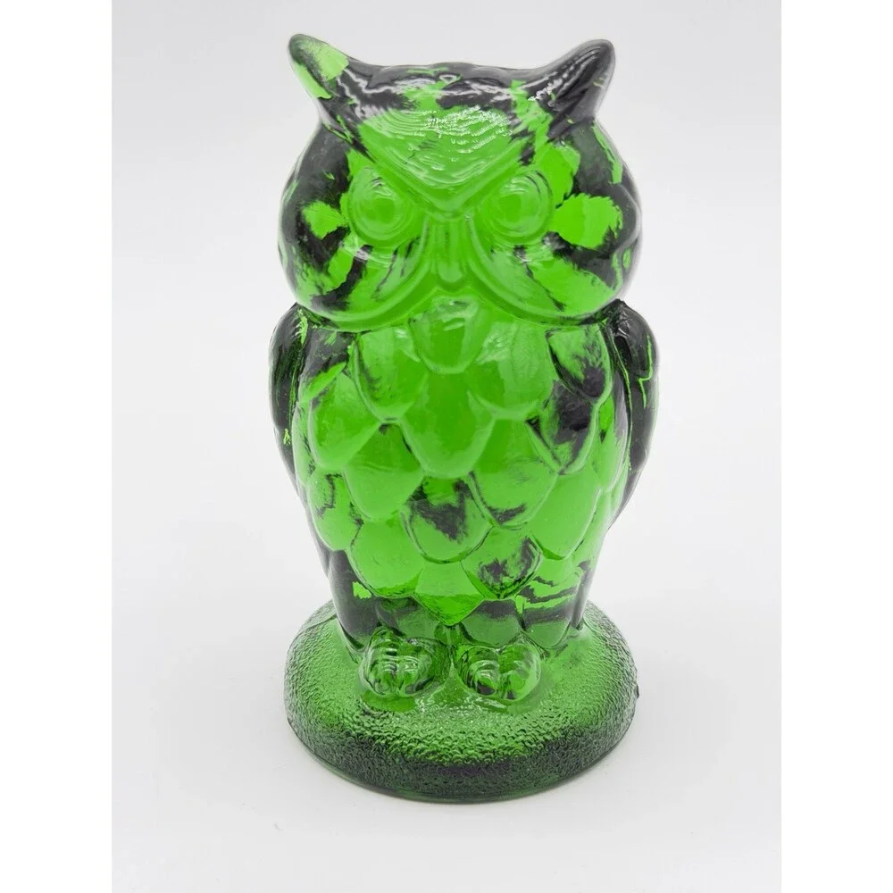 Mosser Art Glass Green Emerald Owl Figurine 3.5”H Etched Vintage Rare